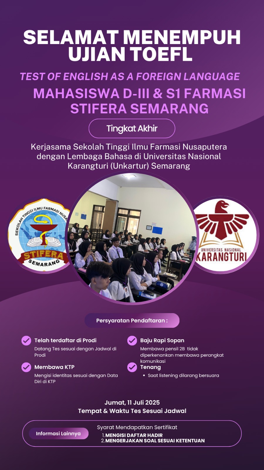 Tes TOEFL bagi Mahasiswa D-III dan S1 Farmasi STIFERA Semarang